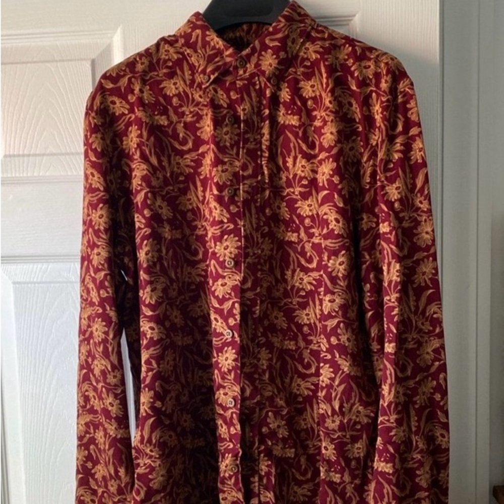 Express Red and Gold Floral Casual Button Down Shirt